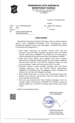 Pemkot surabaya Keluarkan SE Pedoman Hari Kesaktian Pancasila 2022