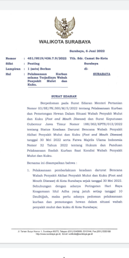 Wali Kota Eri Terbitkan SE Pedoman Pelaksanaan Kurban di Surabaya