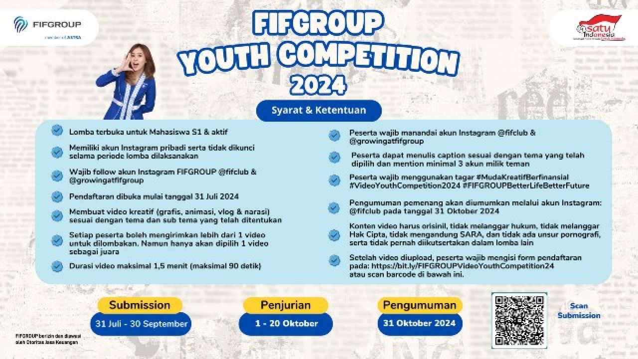PT Federal International Finance (FIFGROUP) mengadakan FIFGROUP Video Youth Competition 2024 dengan mengusung tema “Kebebasan Finansial: Generasi Muda Berani Optimalkan Pembiayaan? Siapa Takut