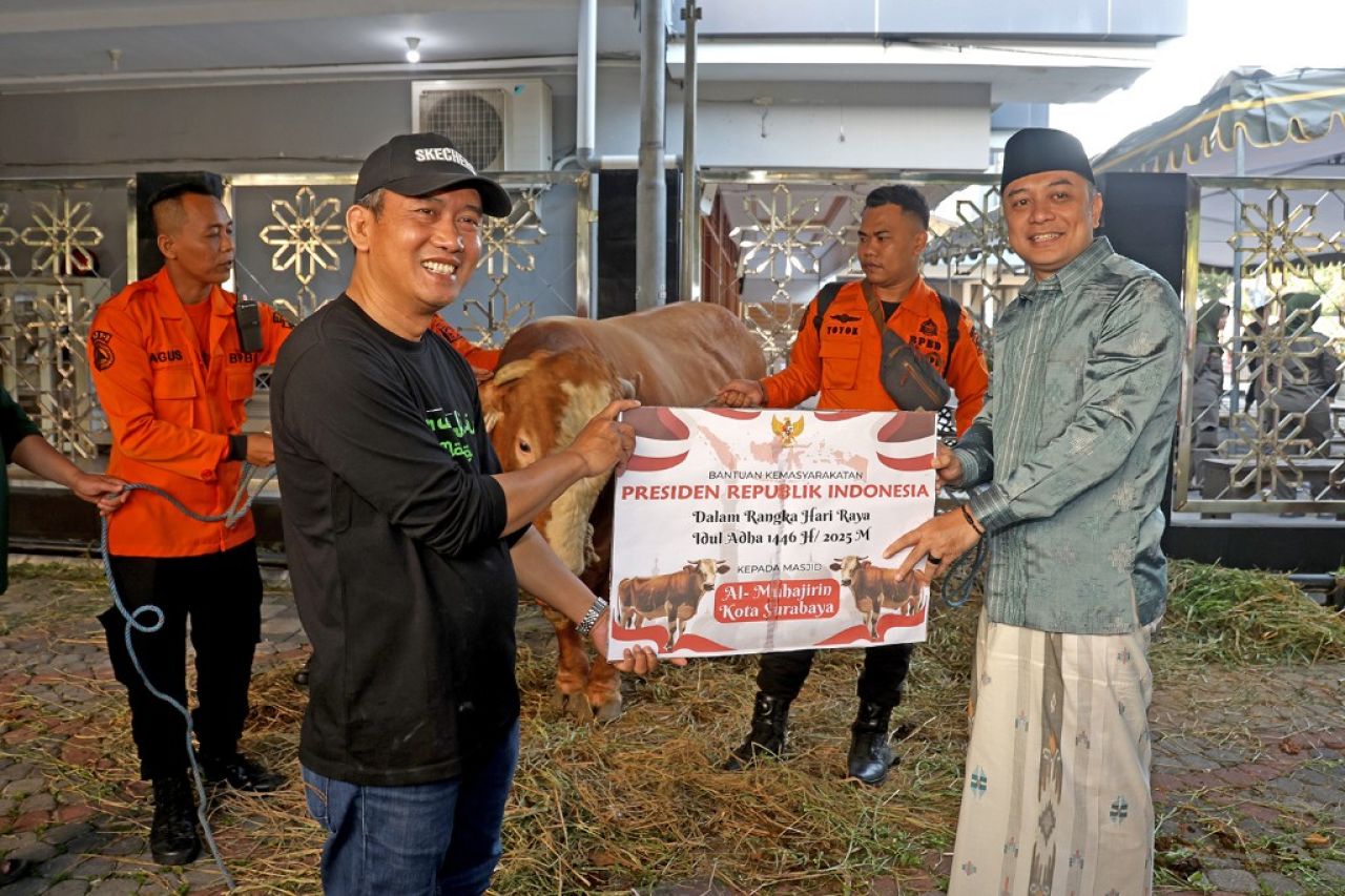 Walikota Eri Cahyadi saat menyerahkan sapi kurban dari Presiden RI Prabowo untuk masyarakat Surabaya. (Kominfo Surabaya)